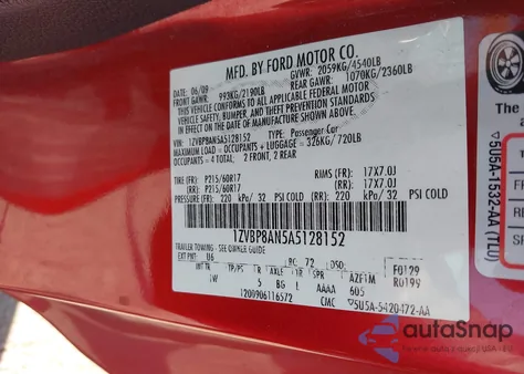 2010 Ford Mustang V6/V6 Premium из США, поврежденный, VIN 1ZVBP8AN5A5128152